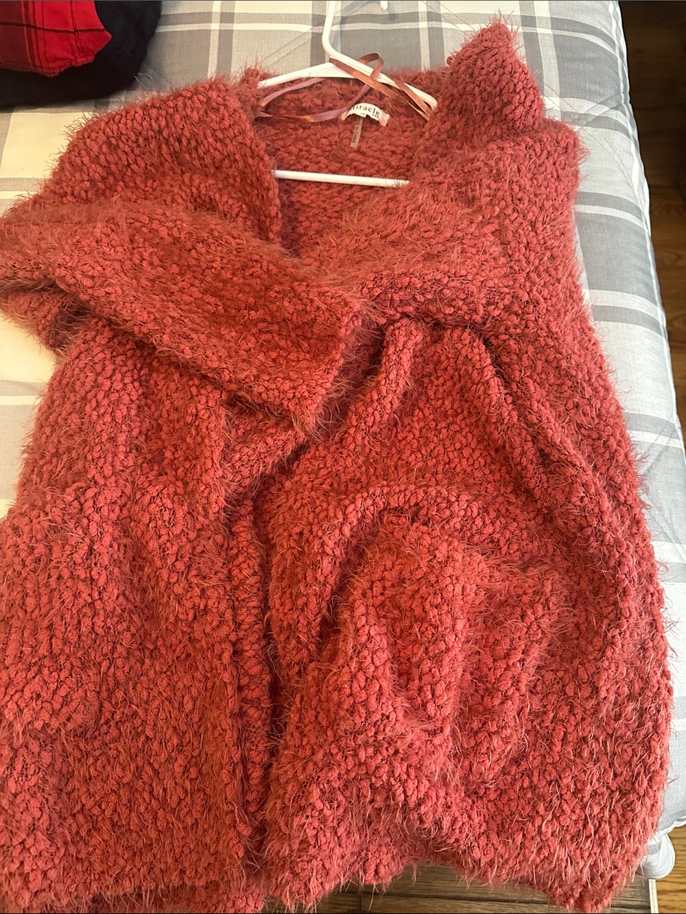 Coral Fuzzy Open-Front Women's Sweater
